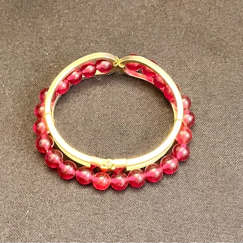 Vintage Beaded Hinged Cuff Bangle Bracelet Gold Tone Red Pink Boho 6 Inch